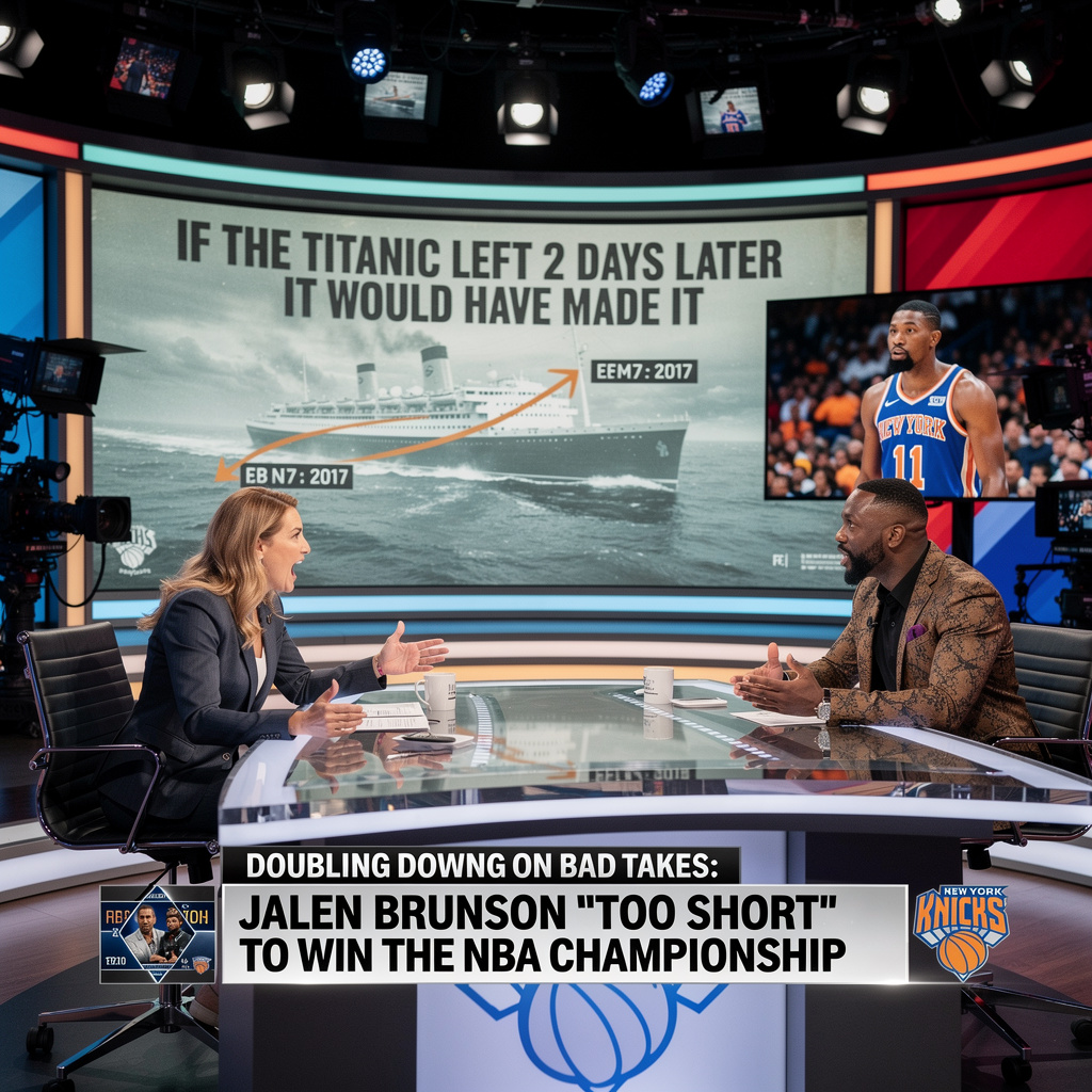 Studio chyron reading Doubling Down on Bad Takes: Jalen Brunson too short to win the NBA championship