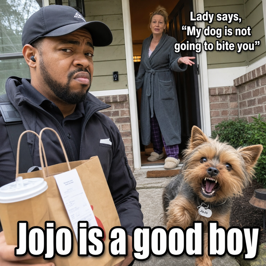 Photo-style meme of a delivery driver holding a coffee order while a snarling Yorkie named JoJo lunges and the owner says her dog won't bite — captioned 'Jojo is a good boy'.