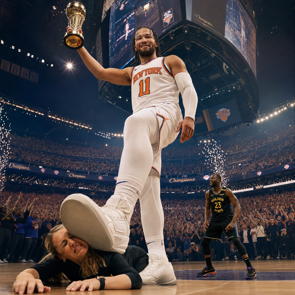 Jalen Brunson stands tall with the championship trophy as doubters tumble at his feet after the Knicks win the 2026 NBA Finals
