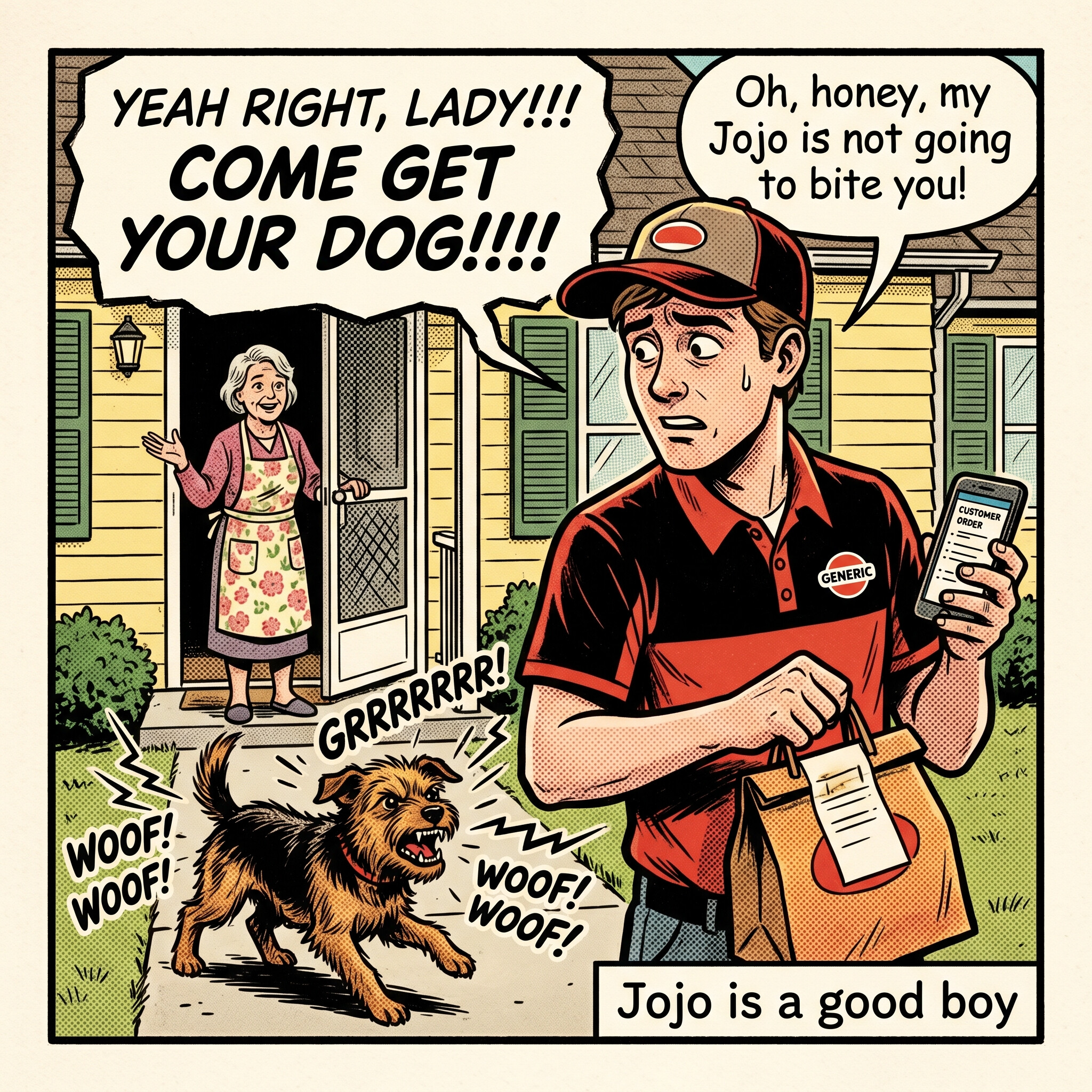 Comic-style meme of a food delivery driver yelling for the owner to come get her dog as a small terrier snarls, while she insists 'my Jojo is not going to bite you' — captioned 'Jojo is a good boy'.