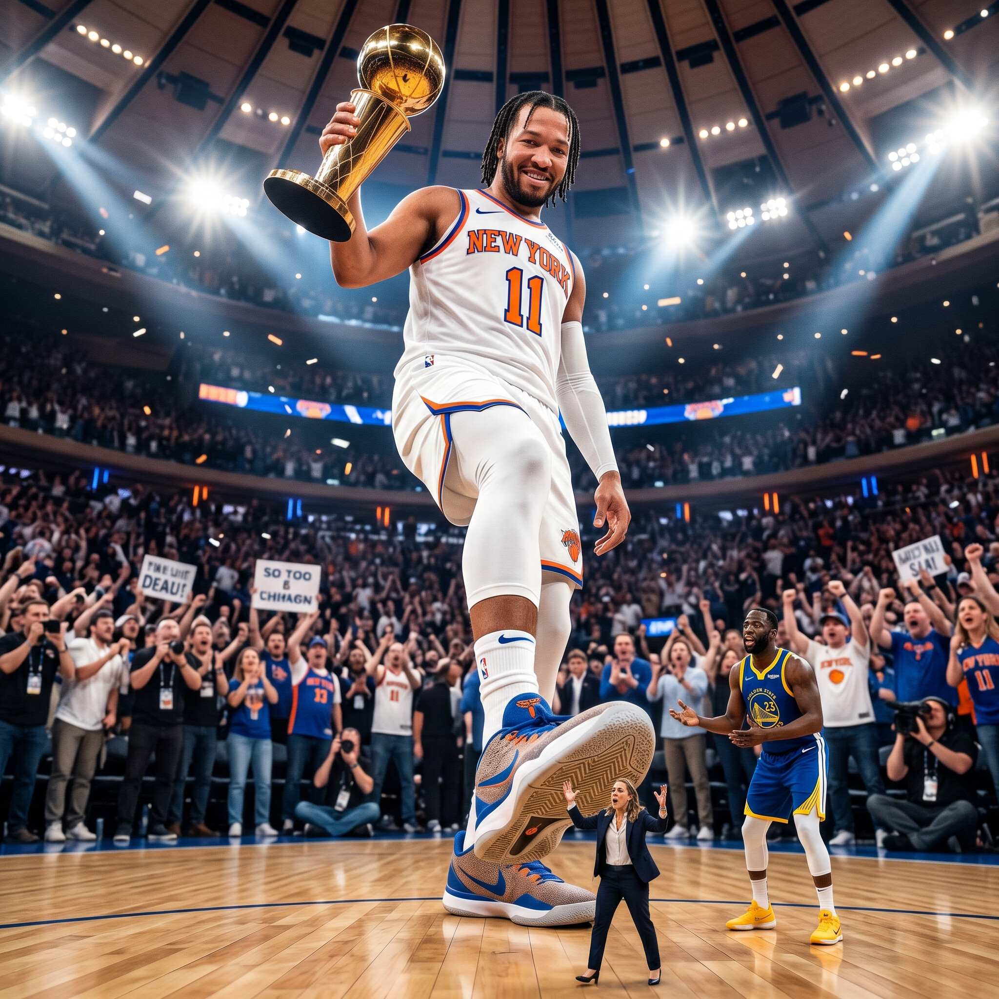 A towering Jalen Brunson hoists the championship trophy while tiny critics look up from the court