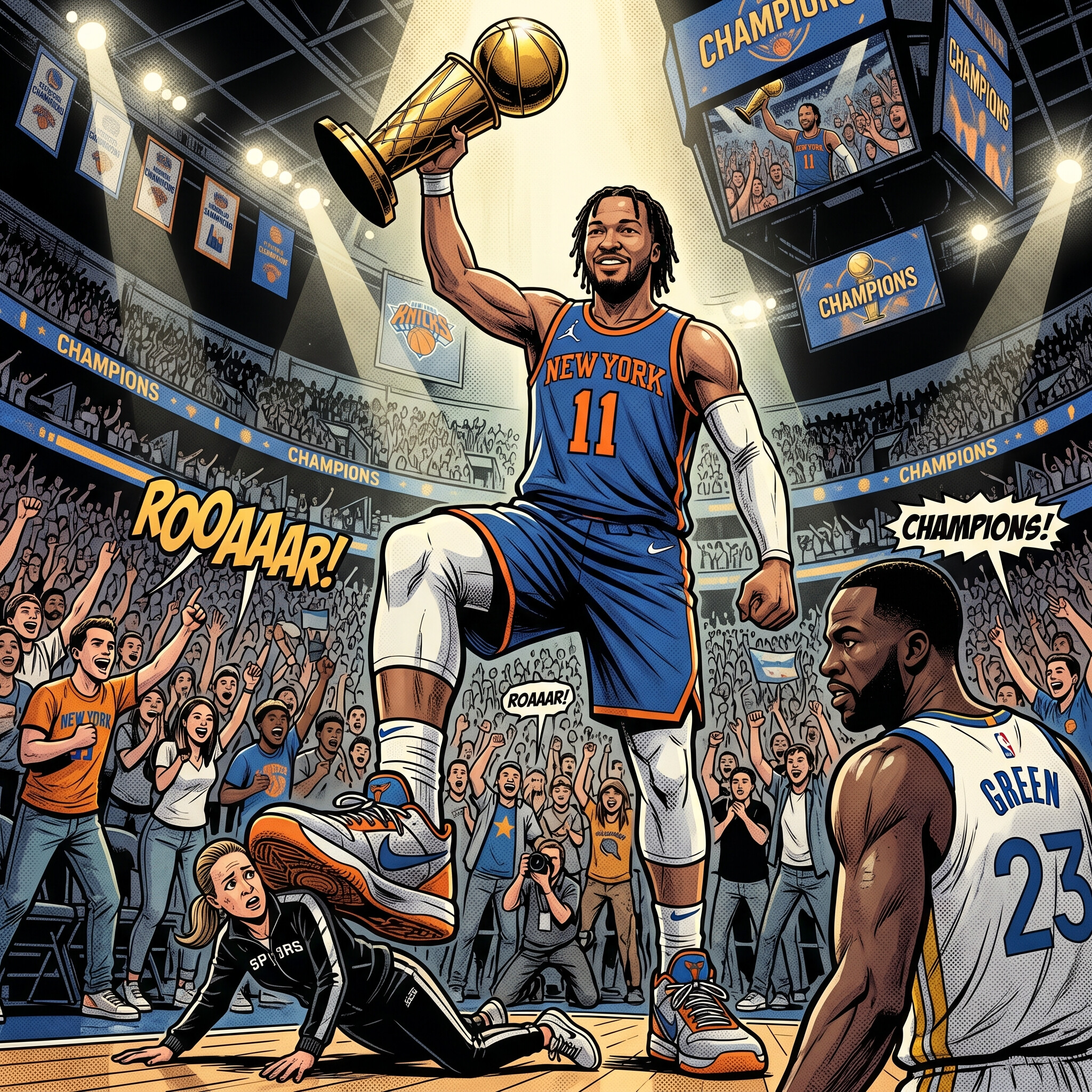 Comic-book celebration of Jalen Brunson as NBA champion lifting the trophy