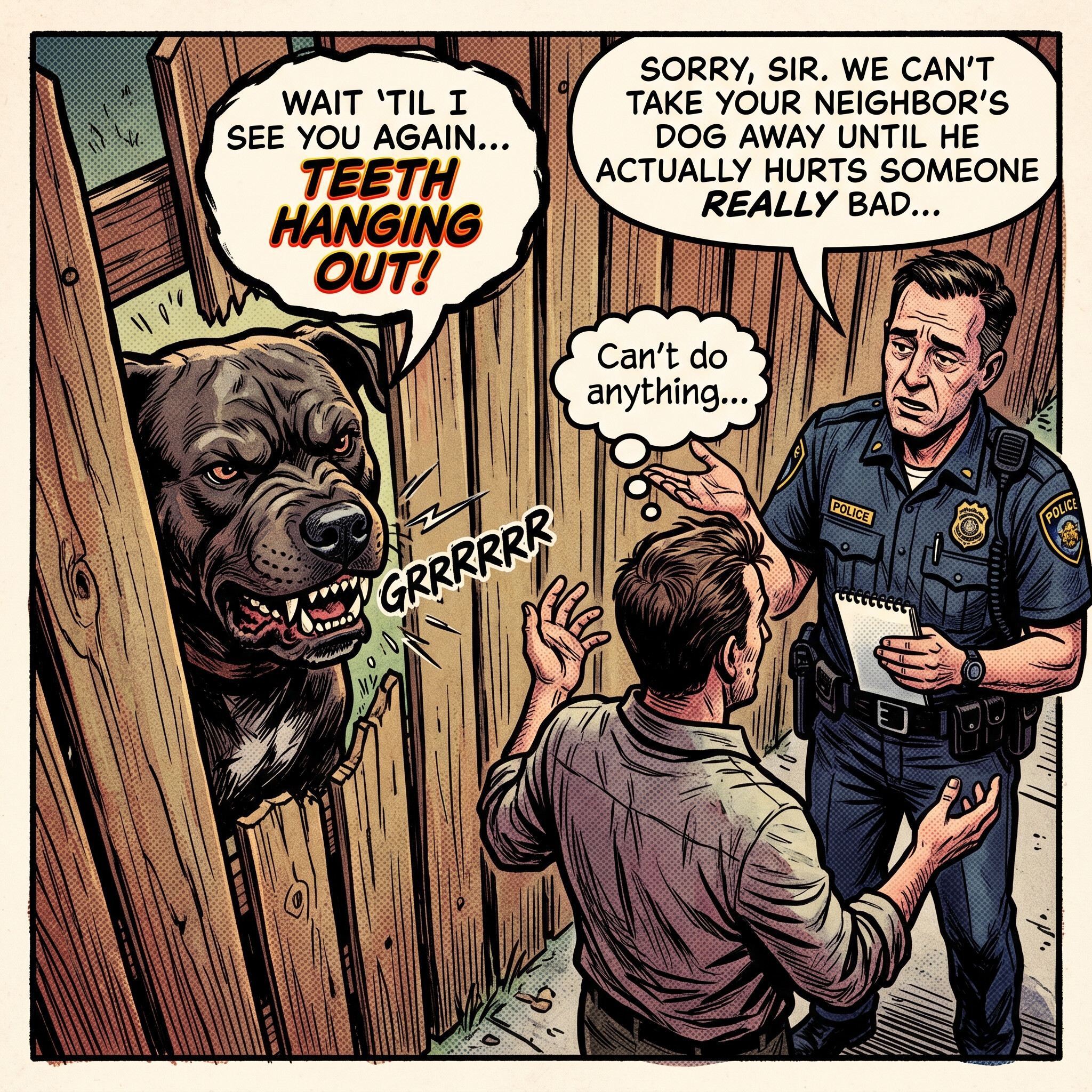 Comic-style meme of a police officer telling a worried resident they cannot take the neighbor's aggressive dog away until it 'actually hurts someone really bad,' as a snarling dog breaks through the fence.