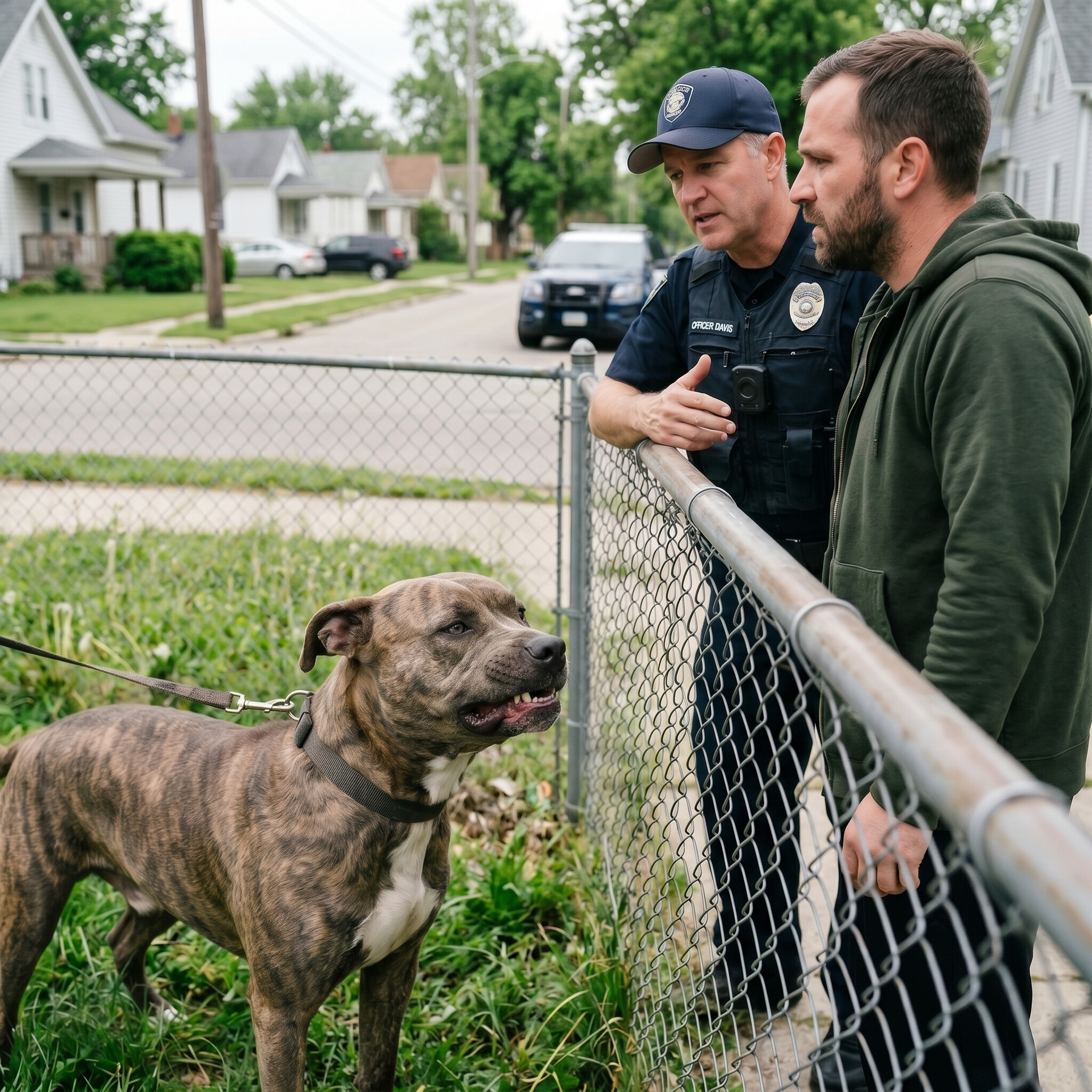Photo of a police officer talking with a man over a chain-link fence while a brindle pit-bull-type dog stands leashed in the yard.