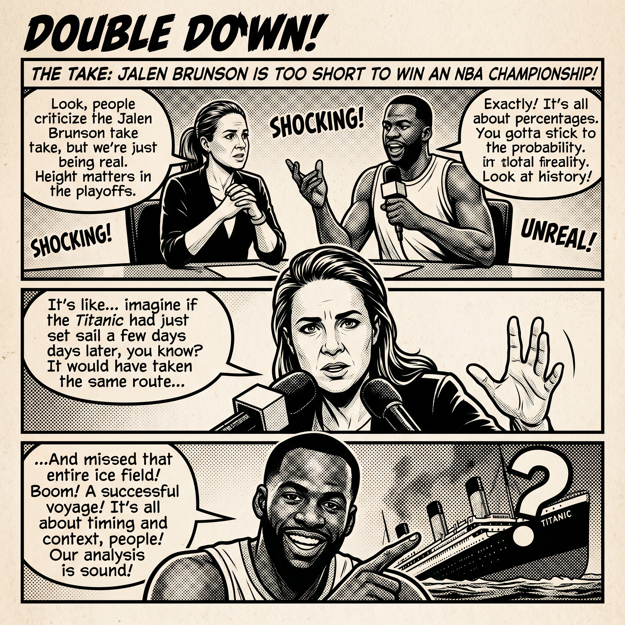 Black-and-white comic strip of two analysts doubling down on the Jalen Brunson too short take with a Titanic comparison