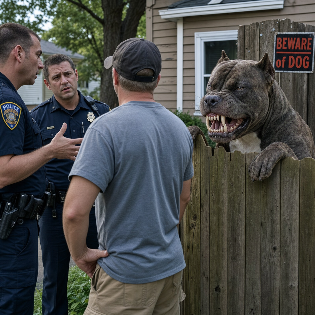 Photo-style meme of two police officers speaking with a resident at a fence while a huge snarling 'beware of dog' pit bull looms over the fence.